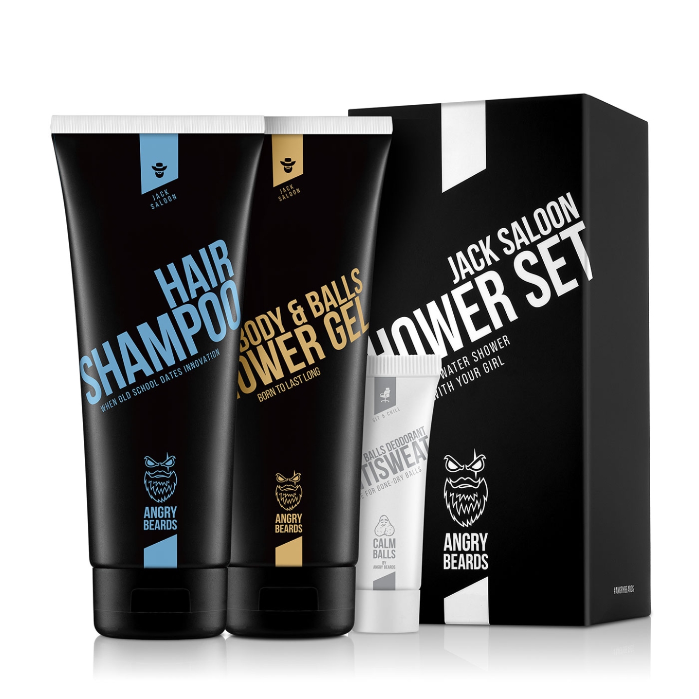 Angry Beards Jack Saloon sprchový gel 230 + šampon 230 ml + Antisweat deodorant na intimní partie 8 ml dárková sada