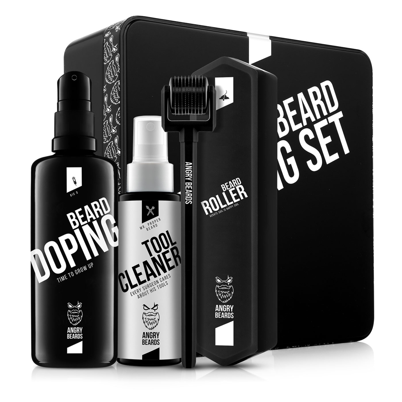 Angry Beards Beard Doping BIG Beard Roller &amp; Cleaner + BIG Doping 100 ml + box dárková sada