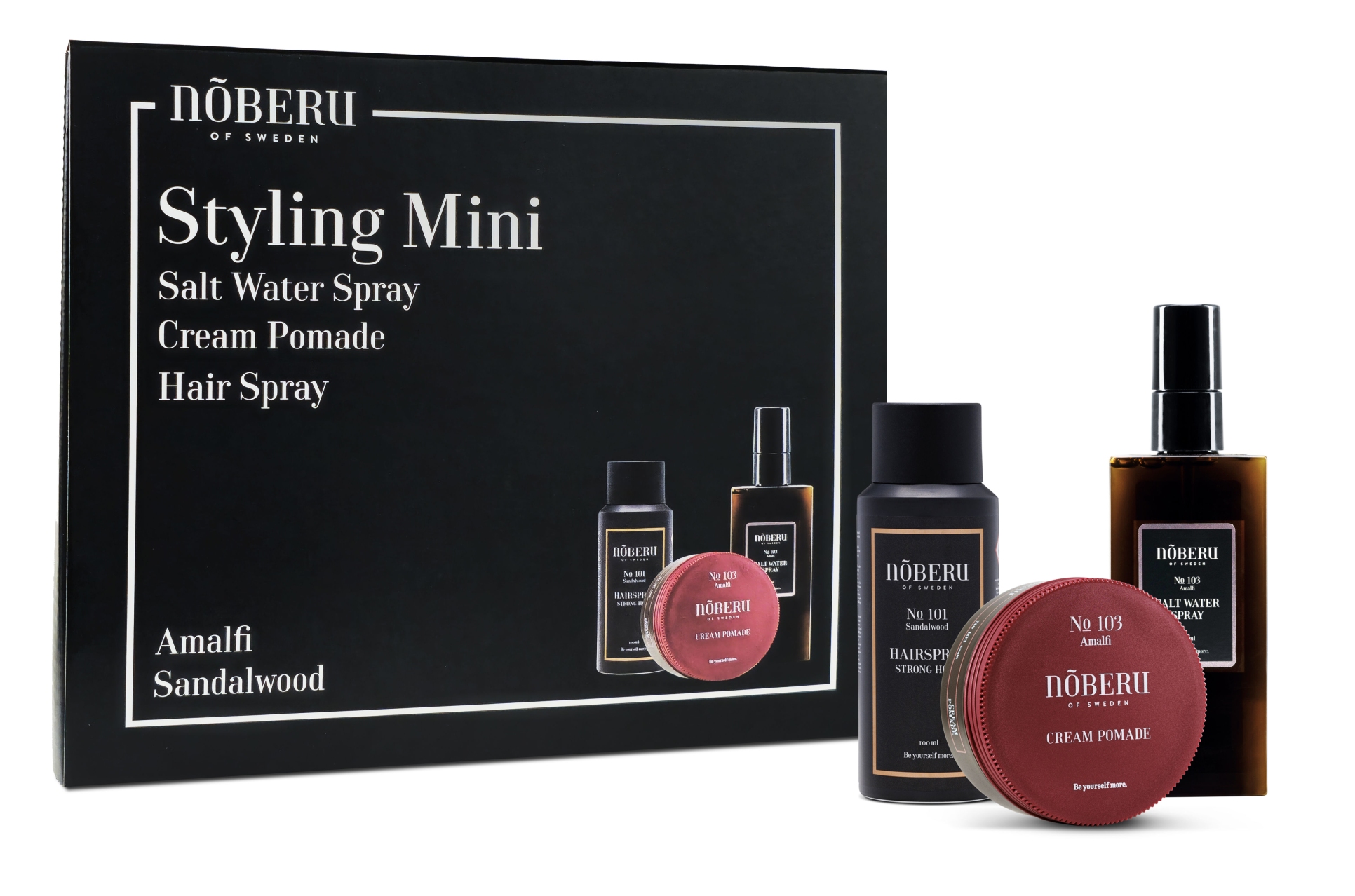 Noberu Styling Mini Amalfi sada na vlasy krémová pomáda 80 ml + Sea Salt sprej 100 ml + Lak na vlasy 100 ml